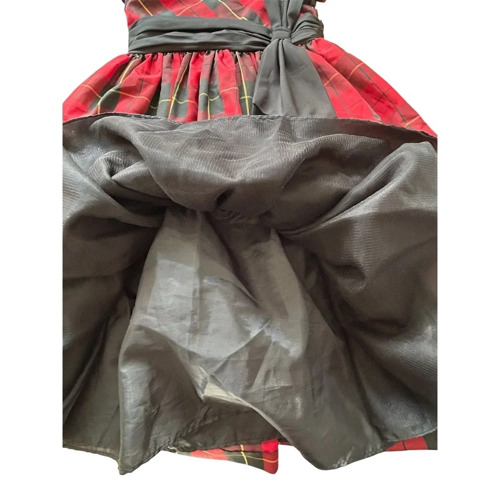 Ralph Lauren Girls Red Black Plaid Party Dress Size 6 Puff Sleeve Bow
